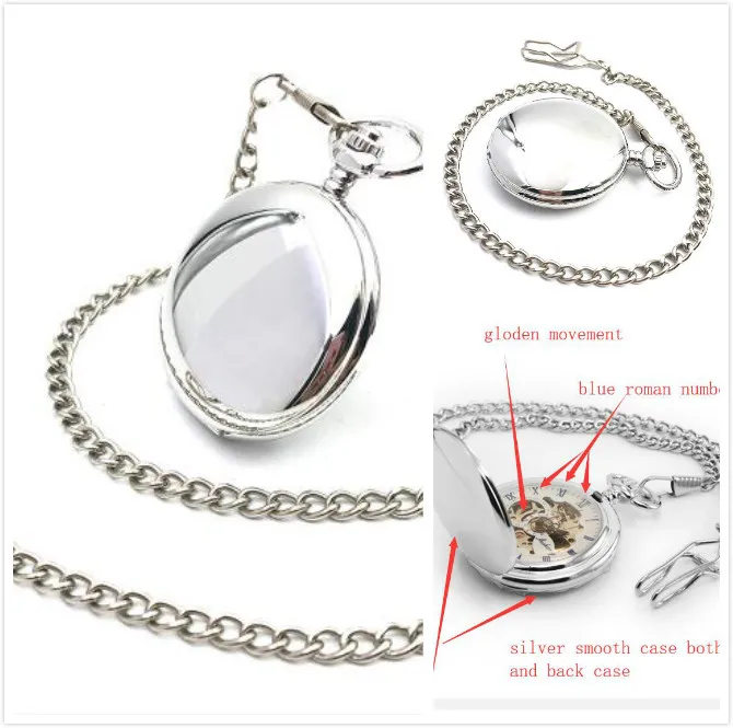 CAIFU бренд гладкий серебряный тон корпус Римский номер белый с циферблатом, витым узором, карманные мужские механические карманные часы с цепочкой полностью охотничьи часы - Цвет: H414JJX
