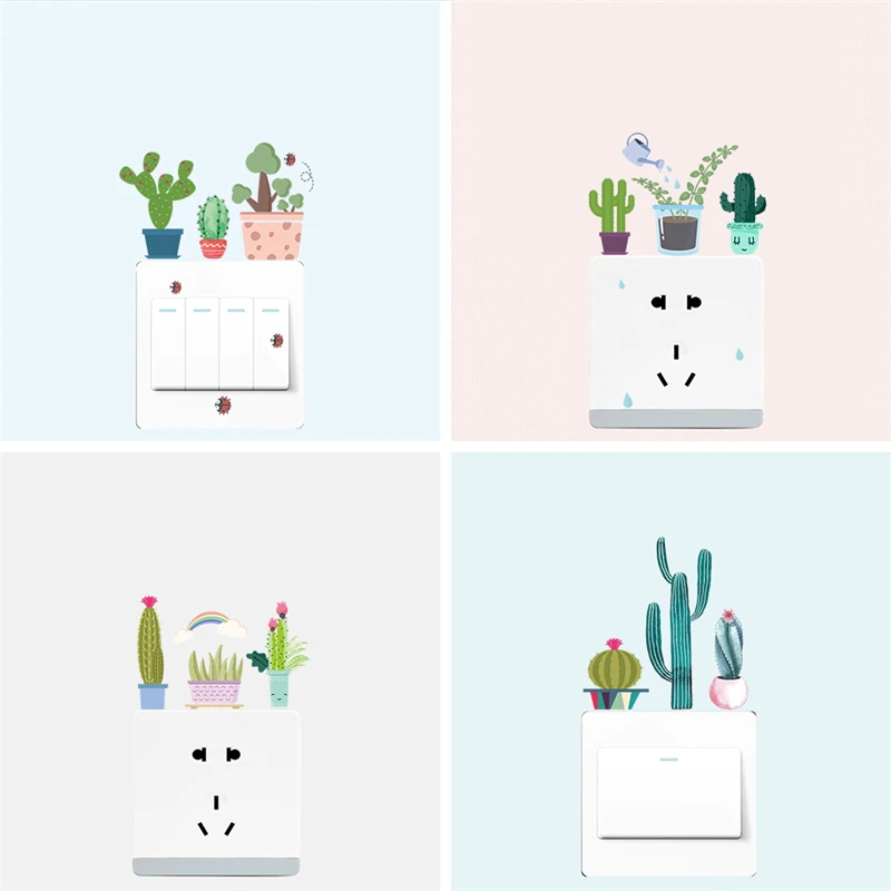 

green cactus bonsai plant flower switch stickers bedroom home decor accessories pvc wall decals diy mural art decorations