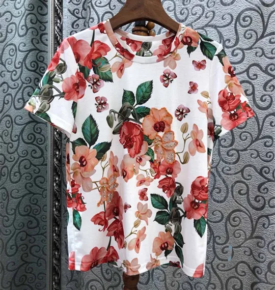 

High quality women's cotton T shirts European 2019 summer elegant pearls beading floral Tee tops A121