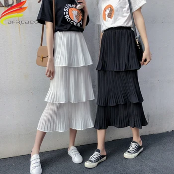 

Solid Color Ruffled Women Skirts High Waist Summer Casual Female Skirts Street style soft Ladies Long Skirts Black And White