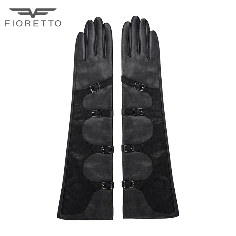 Женские перчатки fioreto черные зимние из натуральной кожи на ремешке|long genuine leather