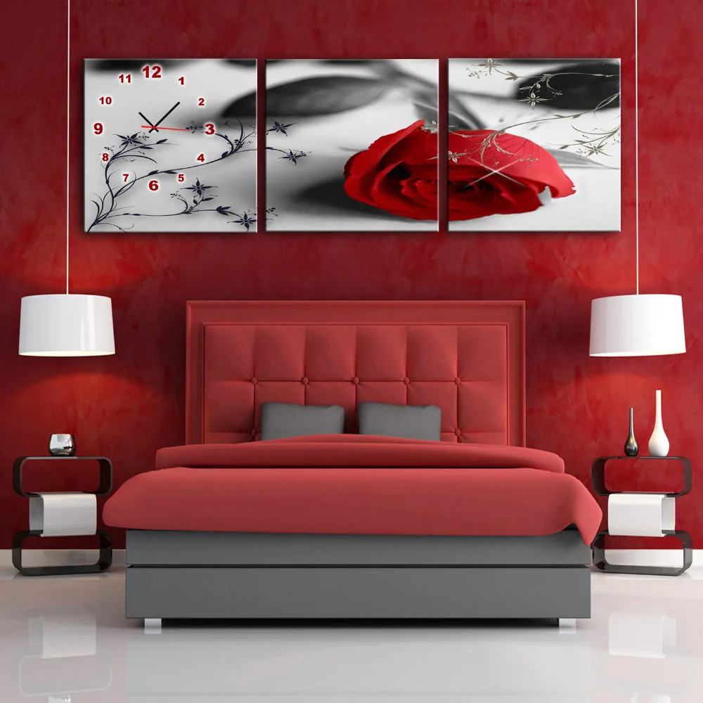 

Free Shipping E-HOME A Red Rose Clock in Canvas 3pcs wall clock