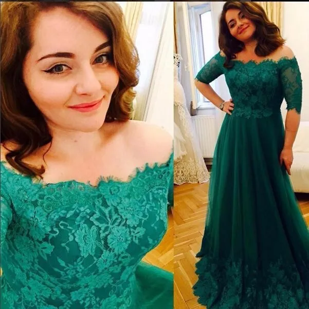 Kant Applicaties Green Moeder van de Bruid Jurken voor Wedding Party Off de Schouder Half Mouwen Tulle Lange vrouwen avondjurk Kant Applicaties Green Moeder van de Bruid Jurken voor Wedding Party Off de Schouder Half Mouwen Tulle Lange vrouwen avondjurk