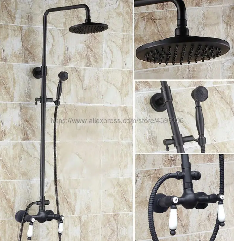 

Oil Rubbed Bronze Bathroom 8" Rainfall Shower Faucet Set Double Handle Bath Shower Mixer Taps Wall Mount with Handshower Brs473