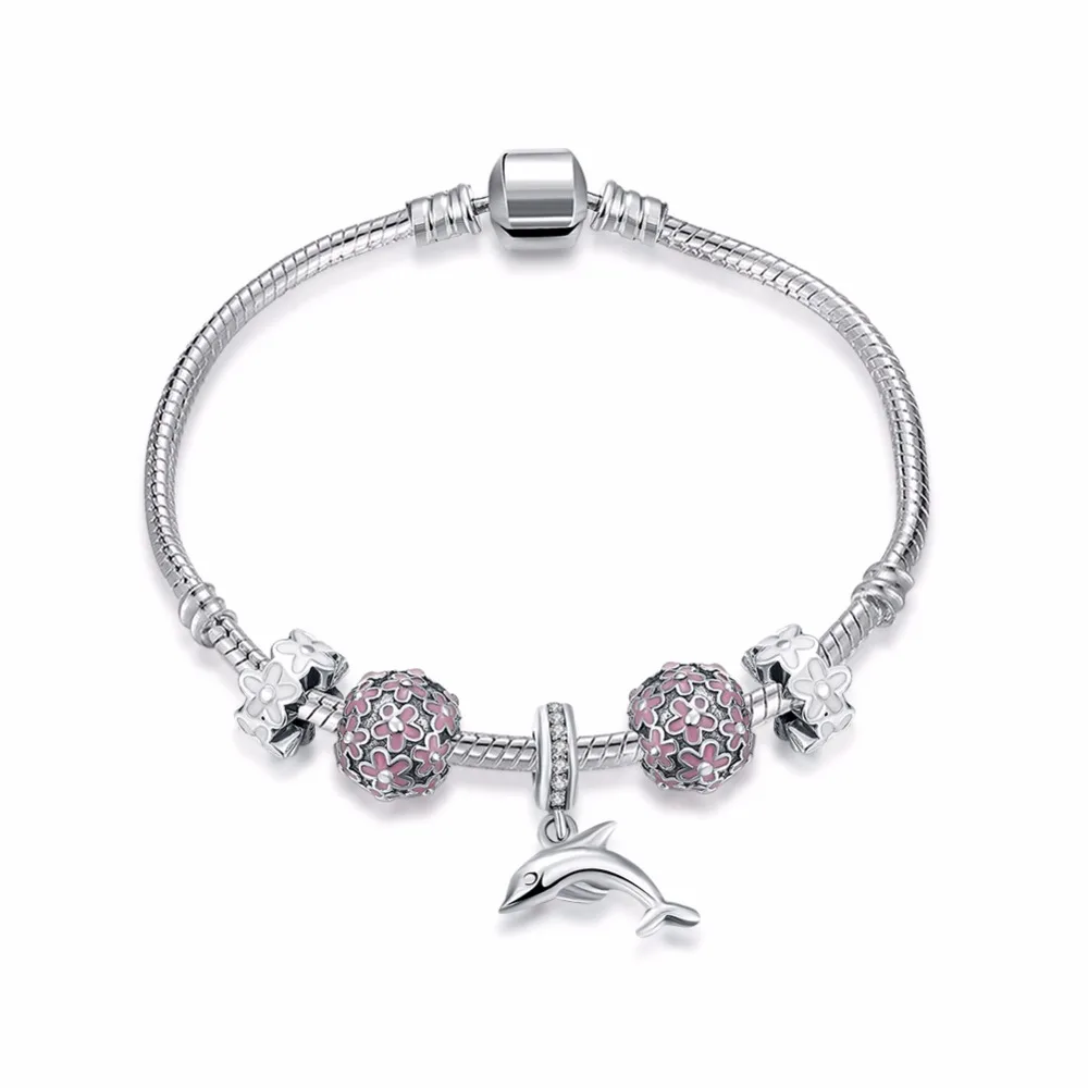 

Women's Jewelry Fashion Charm Beads Snake Chain 100% Real 925 Sterling Silver 7.5'' dolphin Pendant Bracelets Cuff Bangles H014