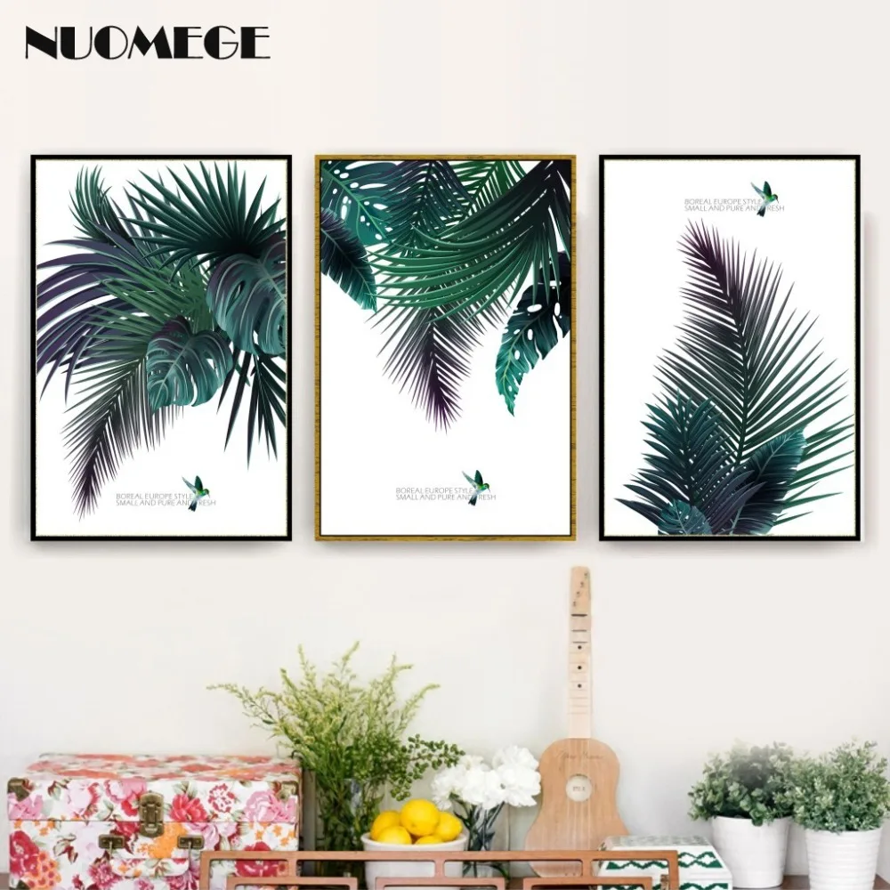 

Nordic Canvas Painting Print Poster Green Tropical plants Palm leaves Hummingbird on canvas wall picture Living Room Home Decor