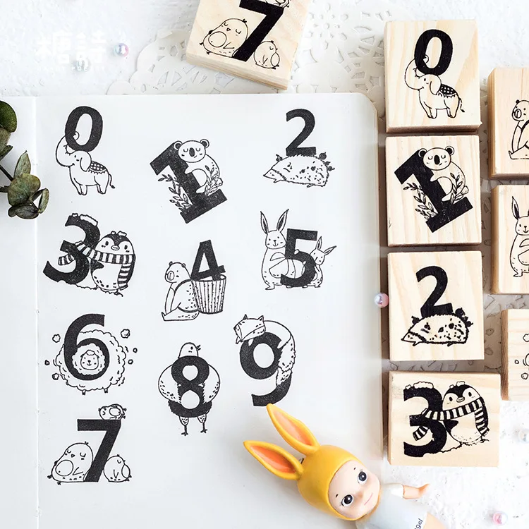

1PACK=10PCS Cute Cartoon Animal Style Numbers Theme Wooden Stamps DIY Journal Diary Decoration Stationery Stickers Supplies