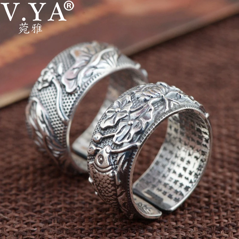 

V.YA 100% 990 Silver Heart Sutra Ring Vintage Pure Lotus Silver Paramita Ring Luck Open Ring for Couple Jewelry