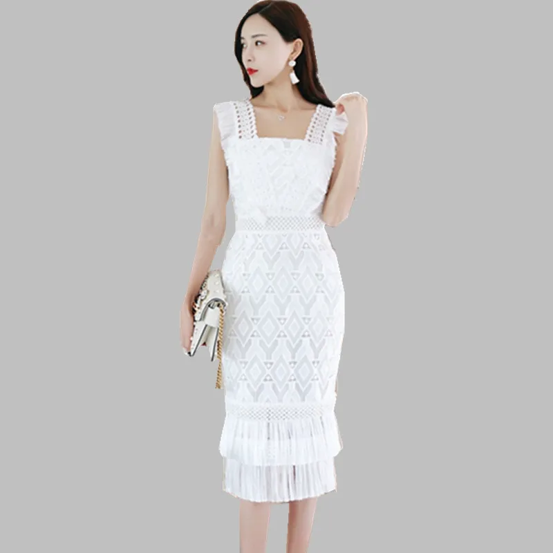 

2019 New arrive High Quality Runway Summer lace Tassel Long Dress women sleeveless hollow Hot Chic Dress