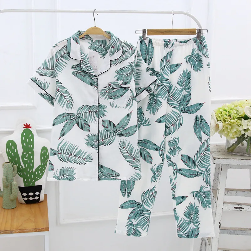 Женская пижама из хлопка с коротким рукавом и марлевыми брюками, Корейская пижама с принтом свежих листьев, Женская домашняя одежда для сна - Цвет: Green phoenix