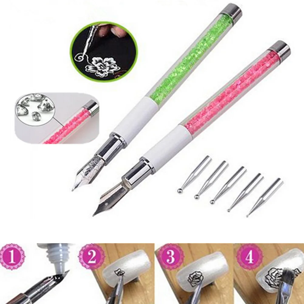 

2018 Nail Art Pen Brush 5 Dotting Head Nib Rhinestone Crystal Metal Tips Painting Drawing Manicure Tool