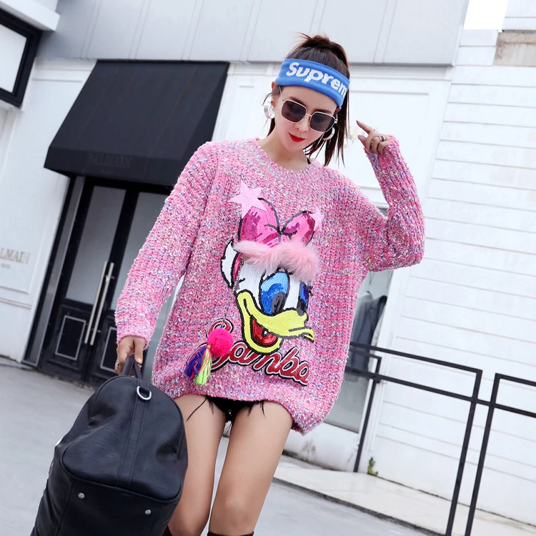 Girl Students Sweet Cartoon Duck Sequins Sweater Pretty Pink Long Knitted Wear Tops Large Size Casual Loose Pullovers | Женская одежда