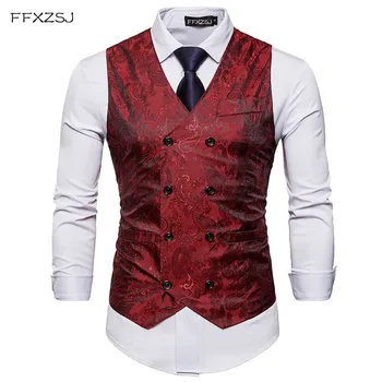 Men Double Breasted Dress Vests Chaleco Sleeveless Gilet Slim Printed Sleeveless Waistcoat Men Suit Hombre For Party Wedding showersmile mens double breasted vest suit black dress waistcoat for men slim fit sleeveless jacket male spring autumn gilet