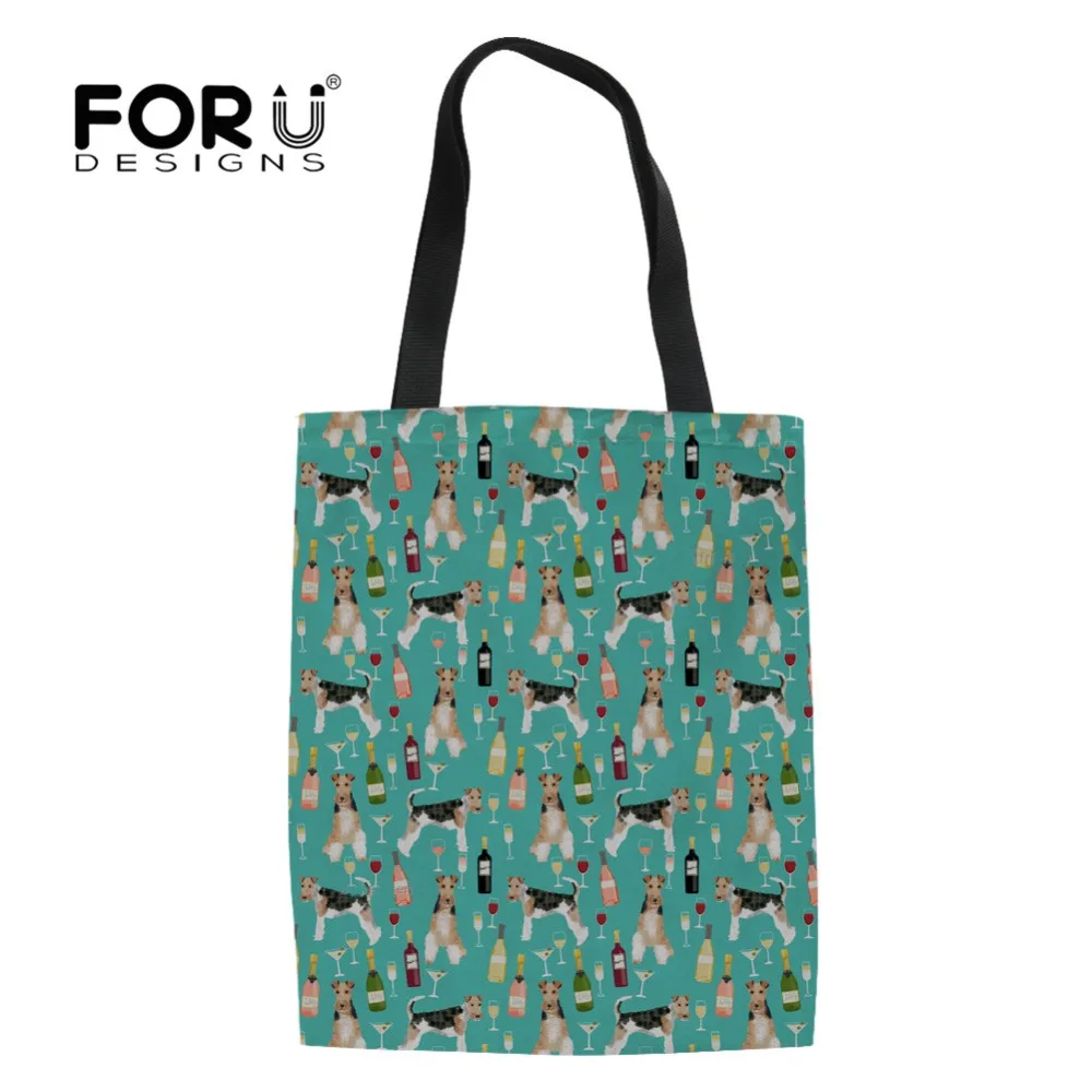FORUDESIGNS/Фокстерьер с винным принтом женская сумка для покупок экологический многоразовый холщовый мешок женская повседневная сумка большая емкость