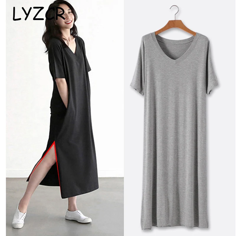 

LYZCR Women's Long Maxi Dress Causal Split Short Sleeve Women T Shirt Dresses Summer 2019 Loose Office Dress Female Slim