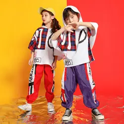 Детская свободная одежда в стиле хип-хоп, танцевальный костюм, Укороченный свитшот для мальчиков, толстовка с капюшоном, штаны для бега
