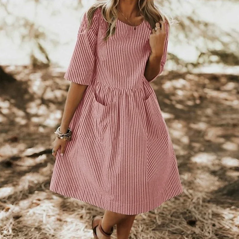 

Summer Striped Dress Women Vintage Half Sleeve Pockets Dresses 2019 Plus Size Casual Baggy Sundress Female Vestido Robe