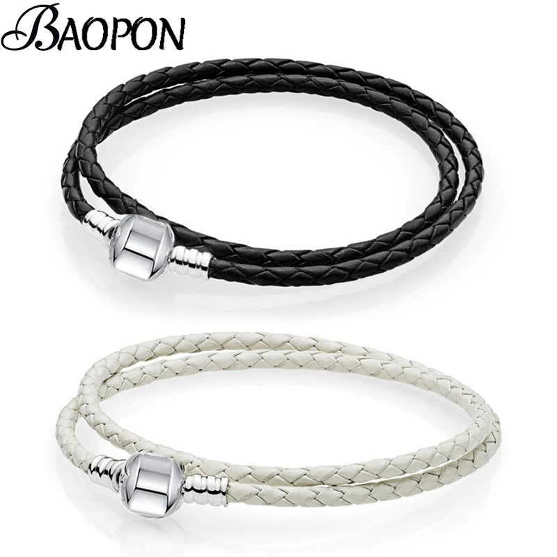 

BAOPON Dropshipping White/Black Leather Chain Charm Bracelet Fits DIY Beads Brand Bracelet for Women Lover Men Jewelry Gift