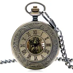 Для мужчин Женская карманные часы ретро Бронзовый стимпанк Механические карманные часы Уникальный полые римские Количество Скелет Skyrim