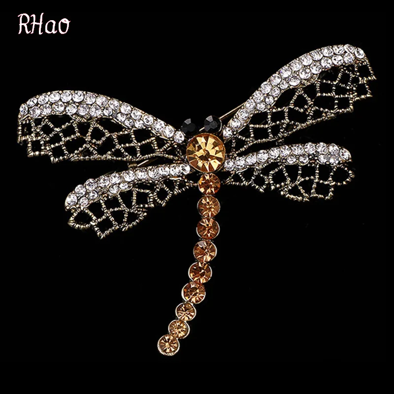 

RHao Women Elegant Animal Brooches for wedding and party jewelry Vintage Rhinestone dragonfly insect brooches pins