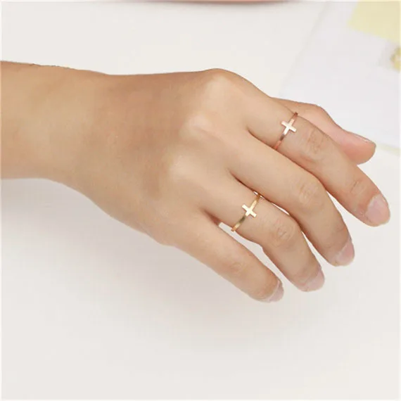 Jesus Sideways Cross Ring Rose Gold Color Engagement Promise Forever Couple Rings For Women Men Anillos Mujer Religious Jewelry