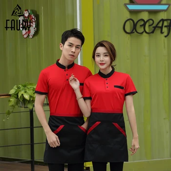 

Hotel Waiter Waitress Uniform Party Food Service Wholesale Work Polo Collar Shirt Barbers Kitchen LOGO Print Breathable