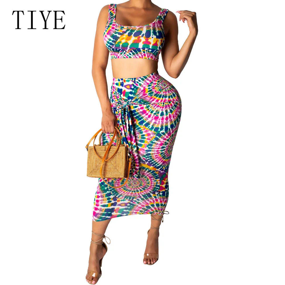 

TIYE Elegant Printed Two Pieces Set Crop Top and Bodycon Bandage Dress Sexy Sleeveless Hollow Out Retro Women Summer Dresses