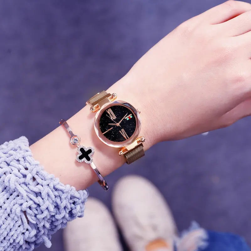 

Luxury Rose Gold Women Watches Minimalism Starry Sky Magnet Buckle Fashion Casual Female Wristwatches Waterproof Roman Numeral