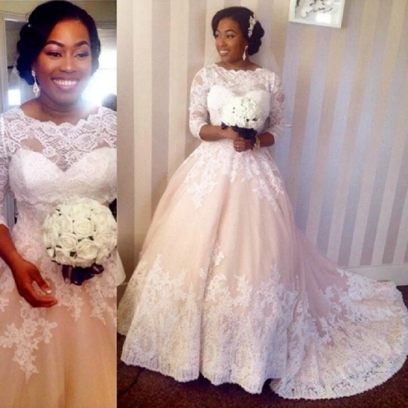

Vestido de noiva New Plus Size Wedding Dress 2020 Three Quarter Sleeves A-Line Appliques Tulle Bridal Gown Robe de mariage