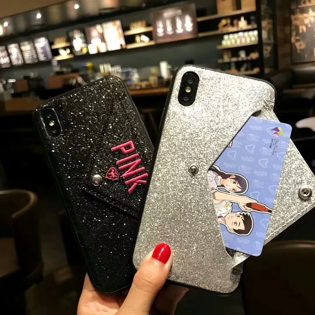 

Fashion brand 3D embroidery PINK card wallet Cases for iPhone 6 6s 7 8plus x xr xs max pink Cover Case for Samsung glitter shiny