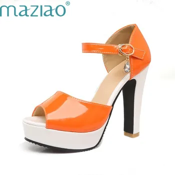 

MAZIAO 2018 Green Yellow Orange Summer Sandals Pumps Shoes Woman High Heels Peep Toe Ankle Strap Platform Shoes Plus Size 34-43
