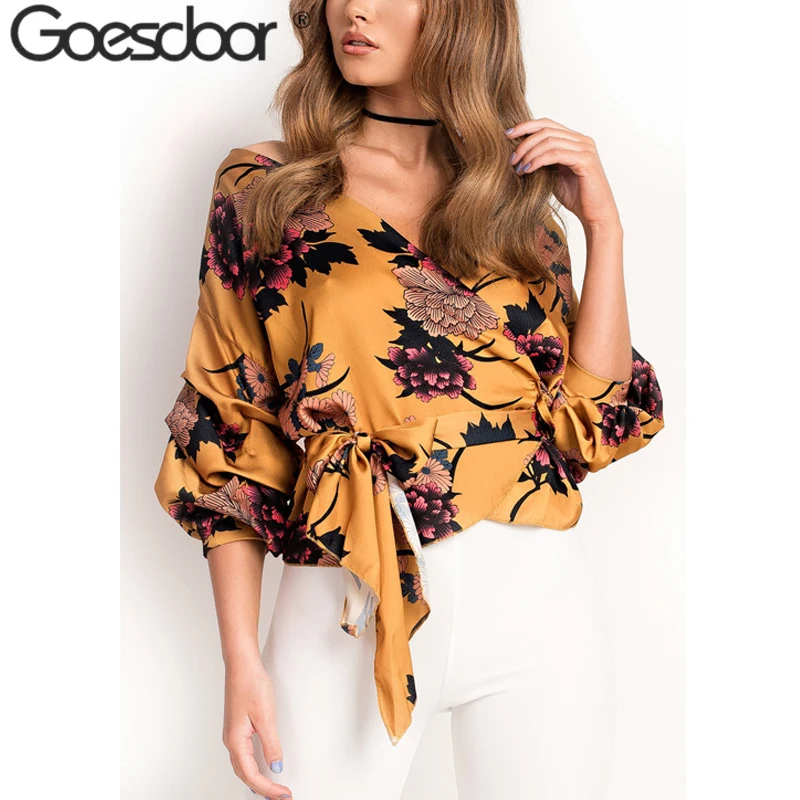 GOESDOOR Sexy V Neck Floral Print Blouses Shirt Women Spring Summer Boho Casual 2018 Blusa Female Lace Up Top Blouse |