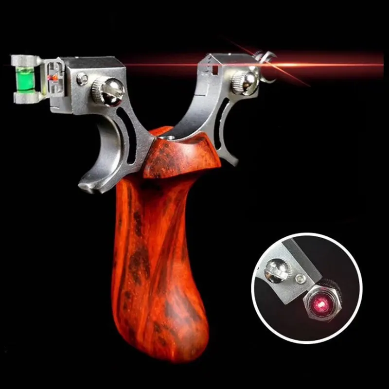 

Professional laser aiming slingshot stainless steel catapult + wooden handle with rubber band outdoor precision hunting shot