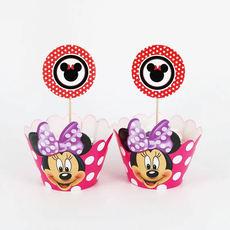

24pcs/lot Minnie Party Paper Cupcake Wrappers Toppers Kids Party Birthday Decoration Cake Cups(12 wraps+12 topper)