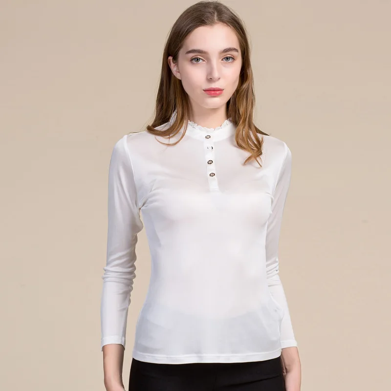 Женская шелковая рубашка с полным рукавом во европейском стиле Рубашка с большим размером Женская рубашка Удобная дышащая рубашка 8007 - Цвет: White