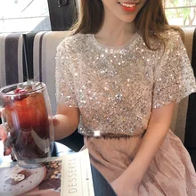 Для женщин летние топы Kawaii тонкий Золотой блестками Blingbling жилет дна рубашки дамы футболка без рукавов Свободные топы