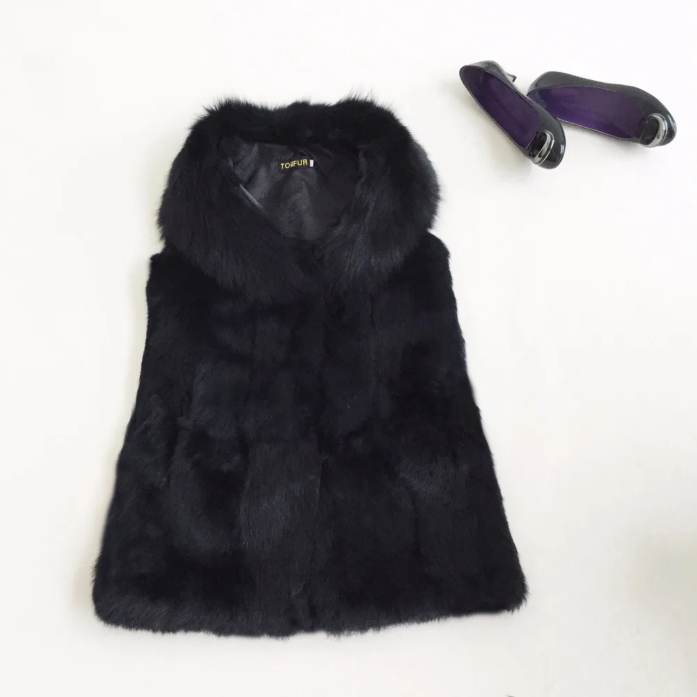 

Classical Design New Spring Summer Whole Skin Real Rabbit Fur Vest With luxury fox fur collar gilet slim fitting ksr246