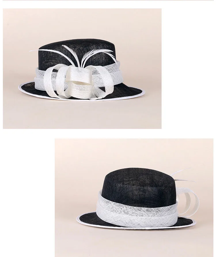 FS Королевский Черный чародей женщин Sinamay белая церковная шляпа Дамы льняная фетровая шляпа с широкими полями Свадебные Кентукки шляпа котелок с цветами
