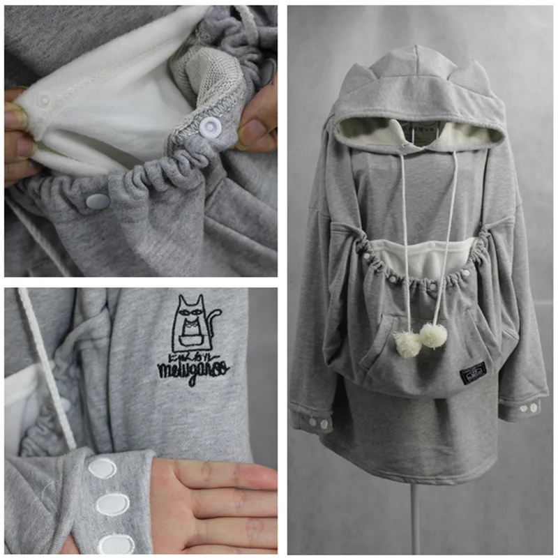 Large Pocket Mewgaroo Hoodie Cat Dog Pet Pouch Unisex Cute Ear Hoodies