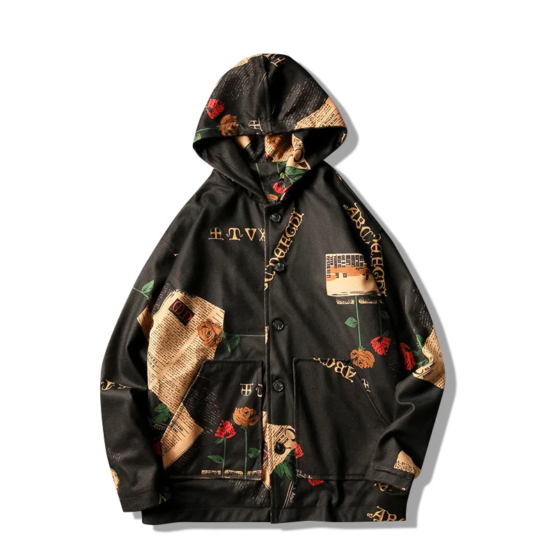 Hooded Bomber Jackets Men 2019 Spring Streetwear Mens Jackets Floral Printing Windbreaker Vintage Man Outwear