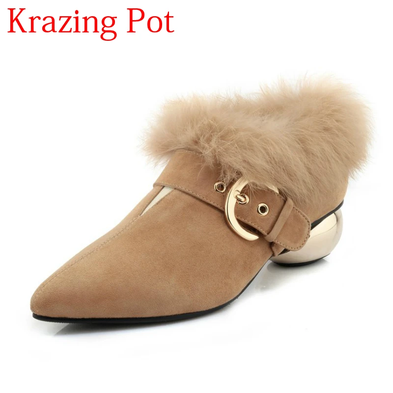 

2018 Fashion Rabbit Fur Sheep Suede Pointed Toe Concise Office Lady Slip on Brand Shoes Strange Style Keep Warm Women Pumps L52