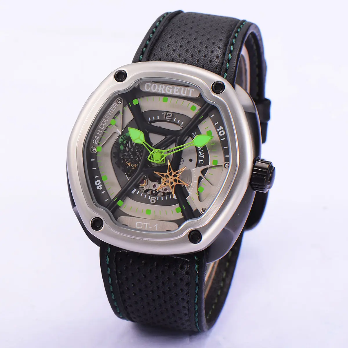 

Corgeut 46mm Armbanduhr Gray Dial Green Hands Miyota Movement Mens WristWatch, CA2009SG Hexagon Automatic Watches