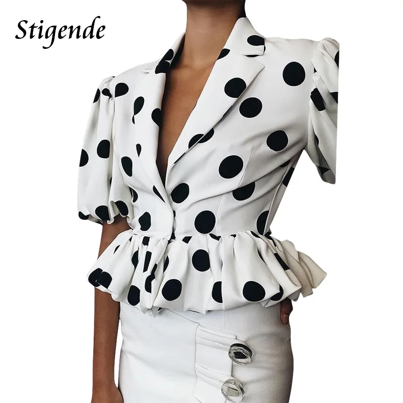 

Stigende Polka Dot Turn Down Collar Blouse Shirt Women Casual Summer Ruffled Blouse Top Ladies Half Sleeve White Crop Top Shirt