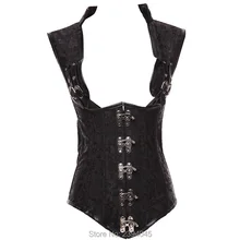 Sexy Black Brocade Top Waist Trainer Vest Corset Gothic Waist Steel Boned Steampunk S-6XL