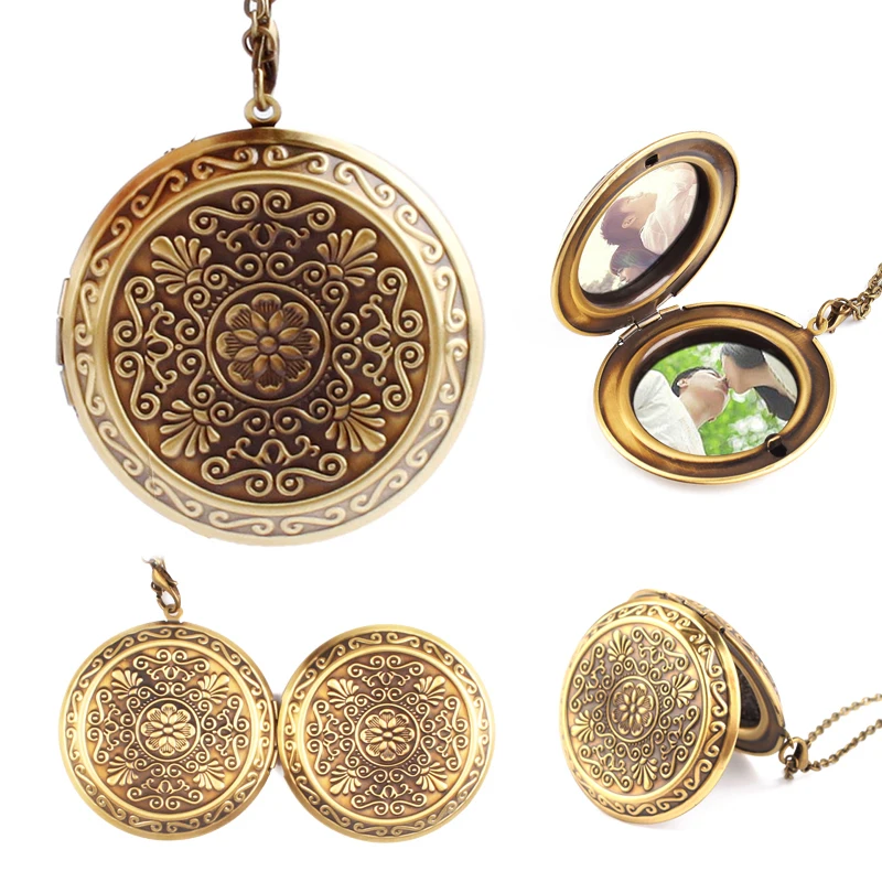 Retro Woman Man Bronze Round Hollow Photo Frame Locket Pendant Necklace