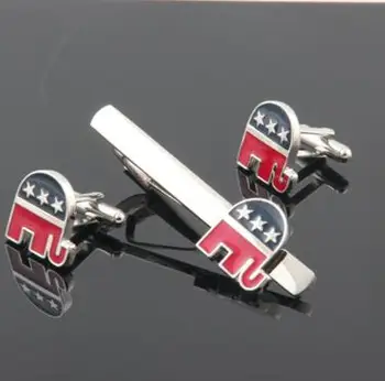 

10Sets/Lot Republican American Elephant Symbol Cuff Link +Tie Clip/Pin Sets Copper Made Eclectrolplating Cufflink Tie Clip