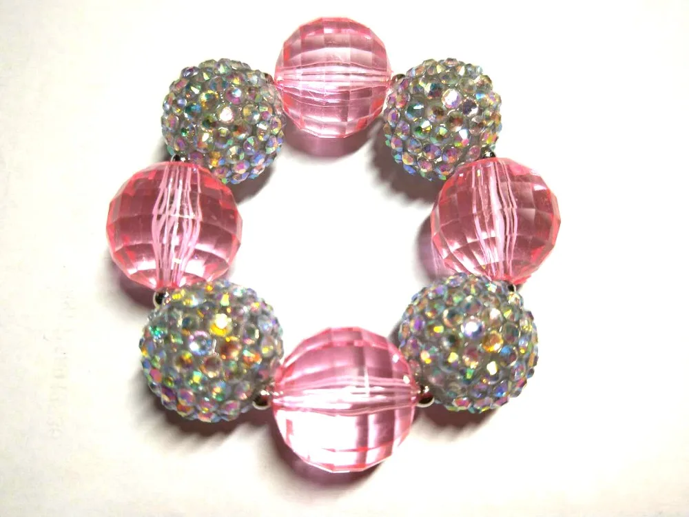2pcs Lovely Girls 20mm Rhinestone Chunky Bead Bracelets Baby Birthday Gifts Kids Adjustable