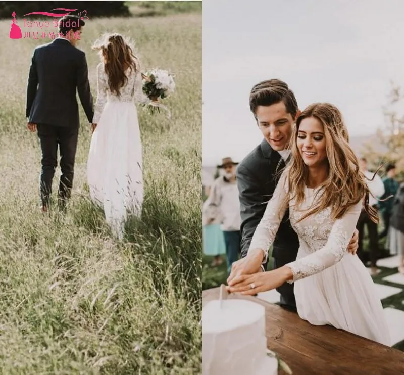 

New Elegant Sheer Wedding Dresses A-line Hollow Back Long Sleeve Court Train Lace Bridal Gowns Country Bohemian Styles JQ263