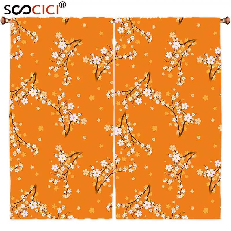 

Window Curtains Treatments 2 Panels,Floral Blooming Cherry Tree Flowers on Branches Spring Season Nature Theme Pattern Orange