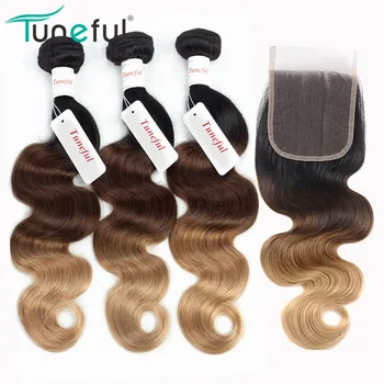 

T1B/4/27# Honey Blonde Hair Bundles With Closure Tuneful Brazilian Body Wave Remy Human Hair Weft Ombre Bundles With Closure